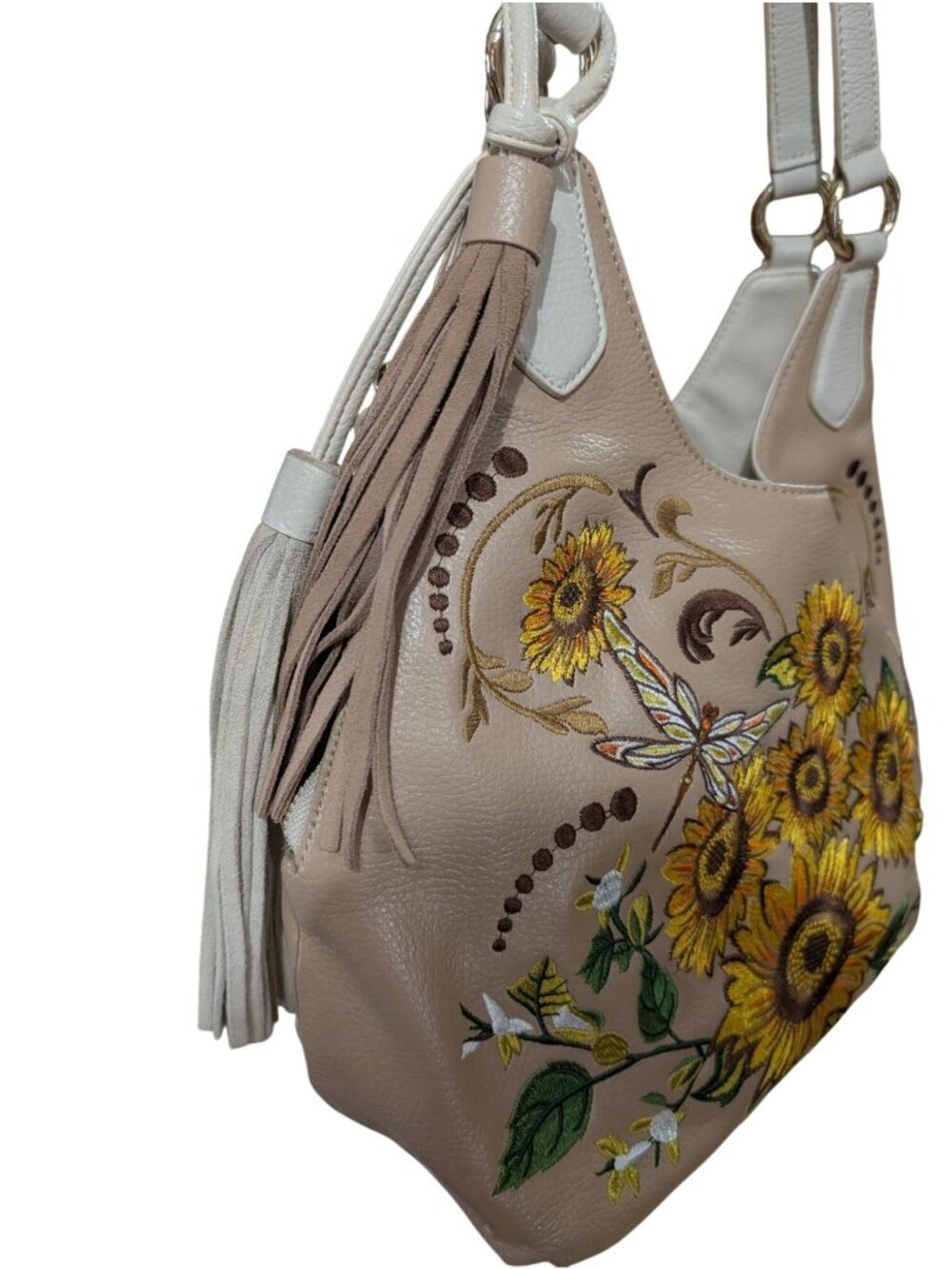 Sharif Sunflower Embroidered Beige Leather Shoulder Bag Purse w/ Wristlet - Picture 3 of 12